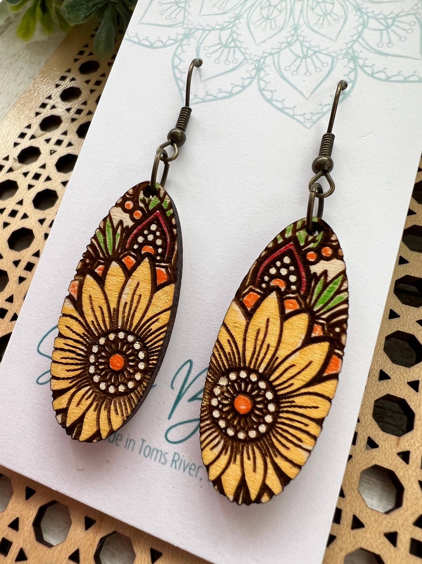 Sunflower Mandala Maple Wood Earrings