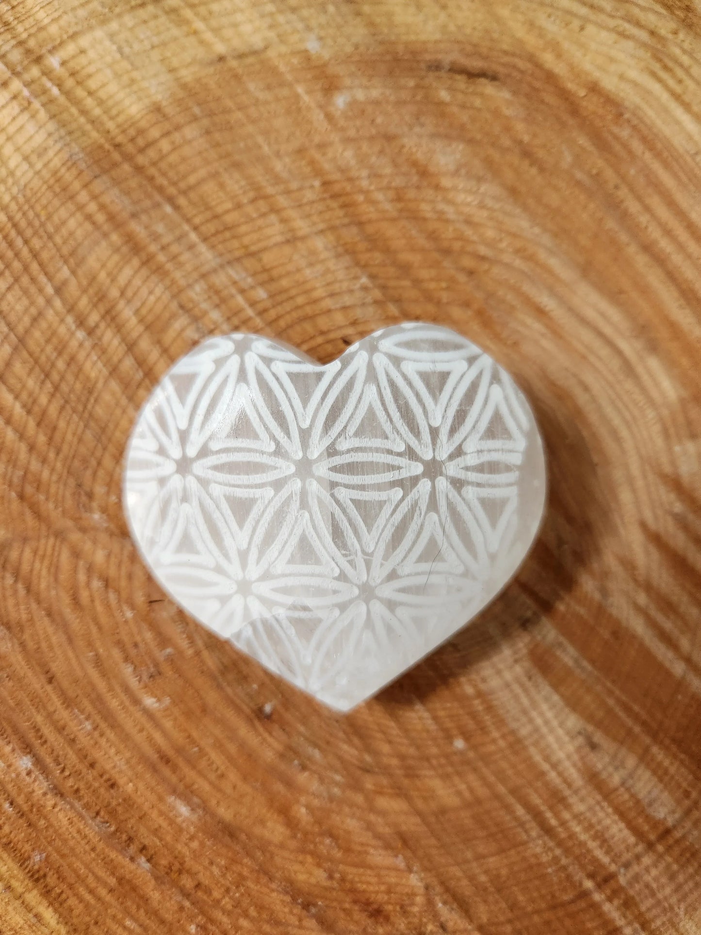 Etched Flower Of Life Heart Selenite Crystal