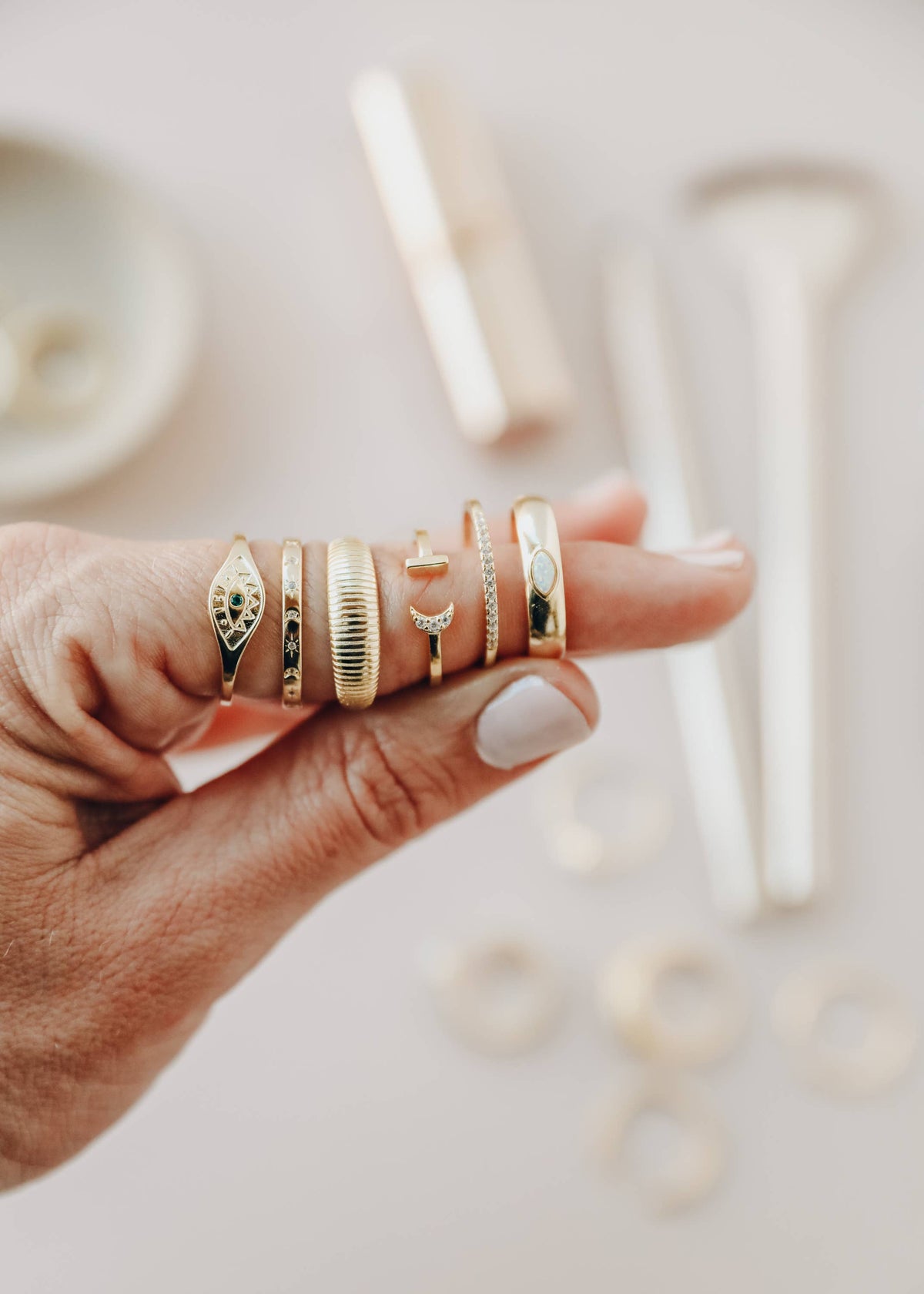 Gold Rings - Emerald Evil Eye