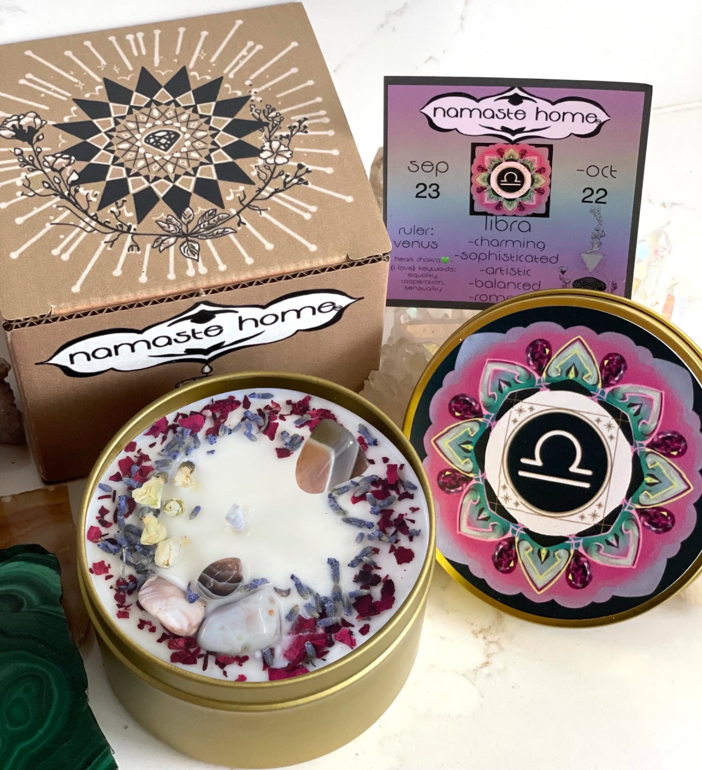 Libra Crystal Candle, Zodiac Candle w/ Gemstones + Herb