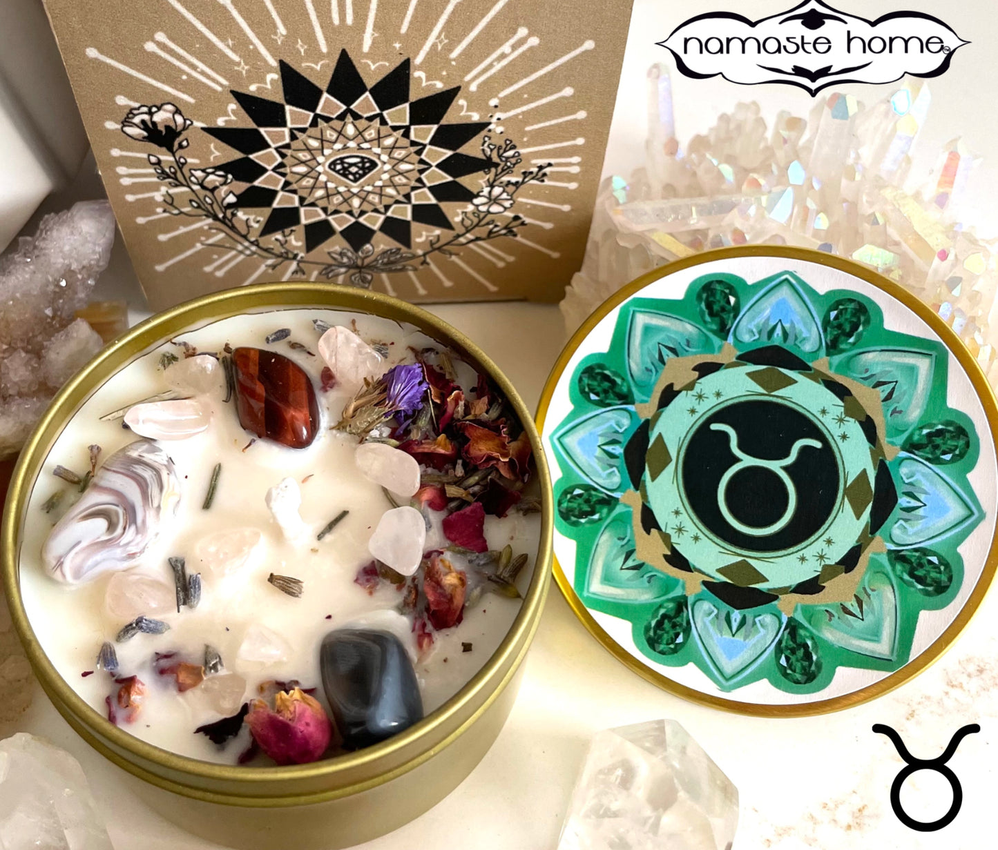 Taurus Crystal Candle, Zodiac Candle w/ Gemstones + Herbs
