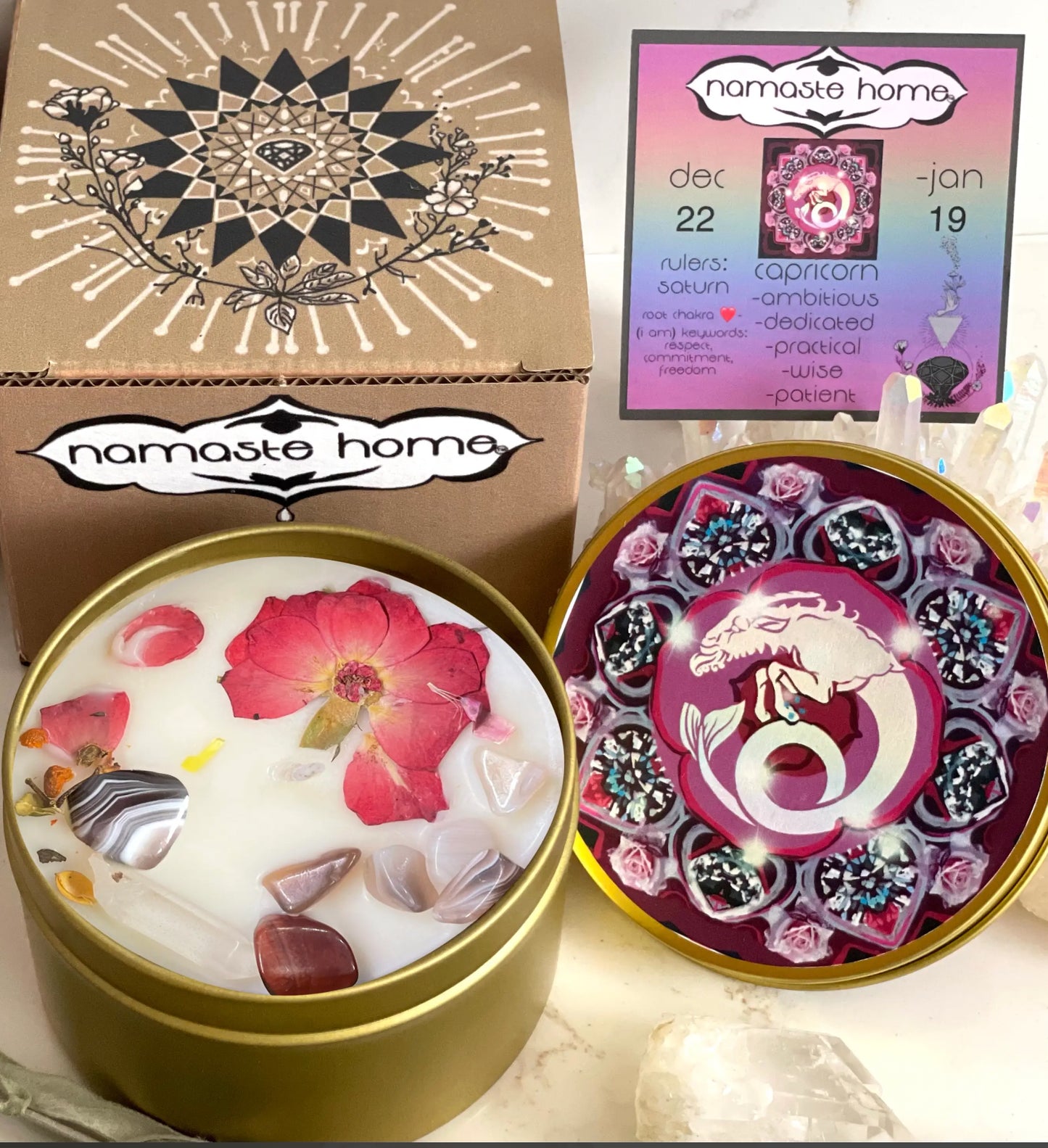Capricorn Crystal Candle, Zodiac Candle w/ Gemstones + Herbs