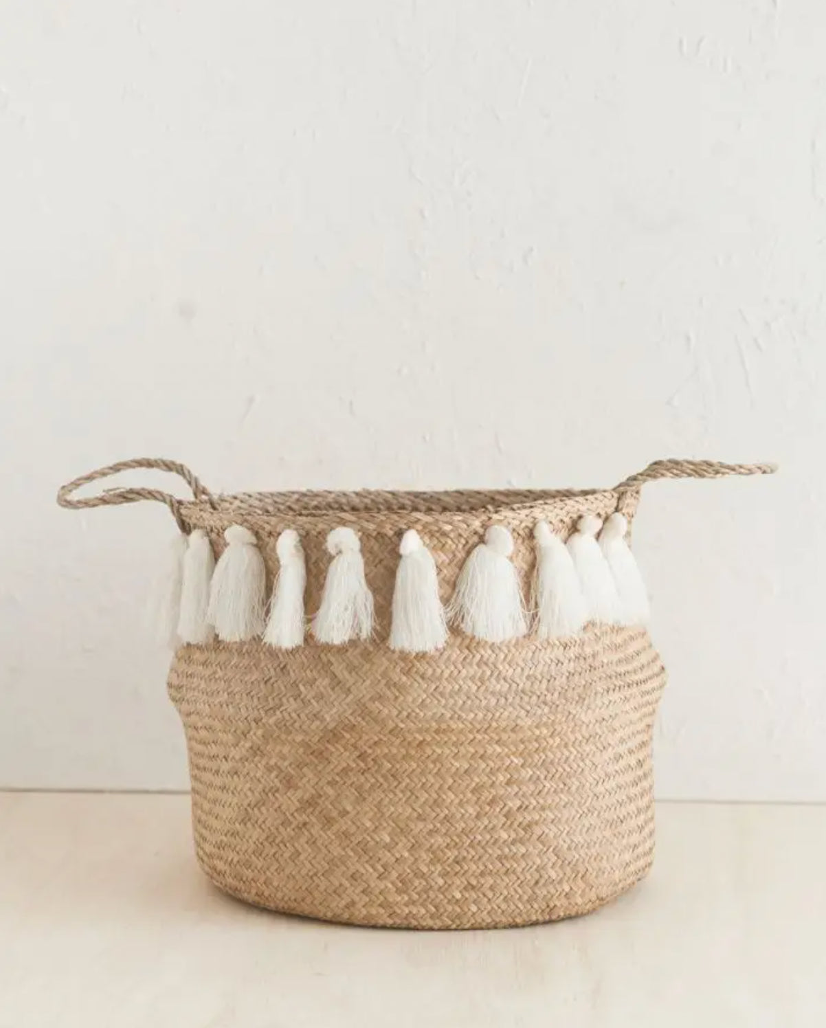 White Tasseled Belly Basket