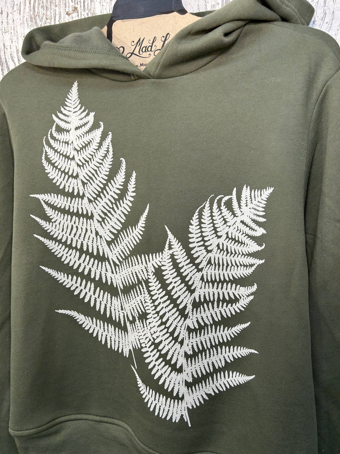 Midi Semi-Crop Olive Fleece Hoodie with Ferns