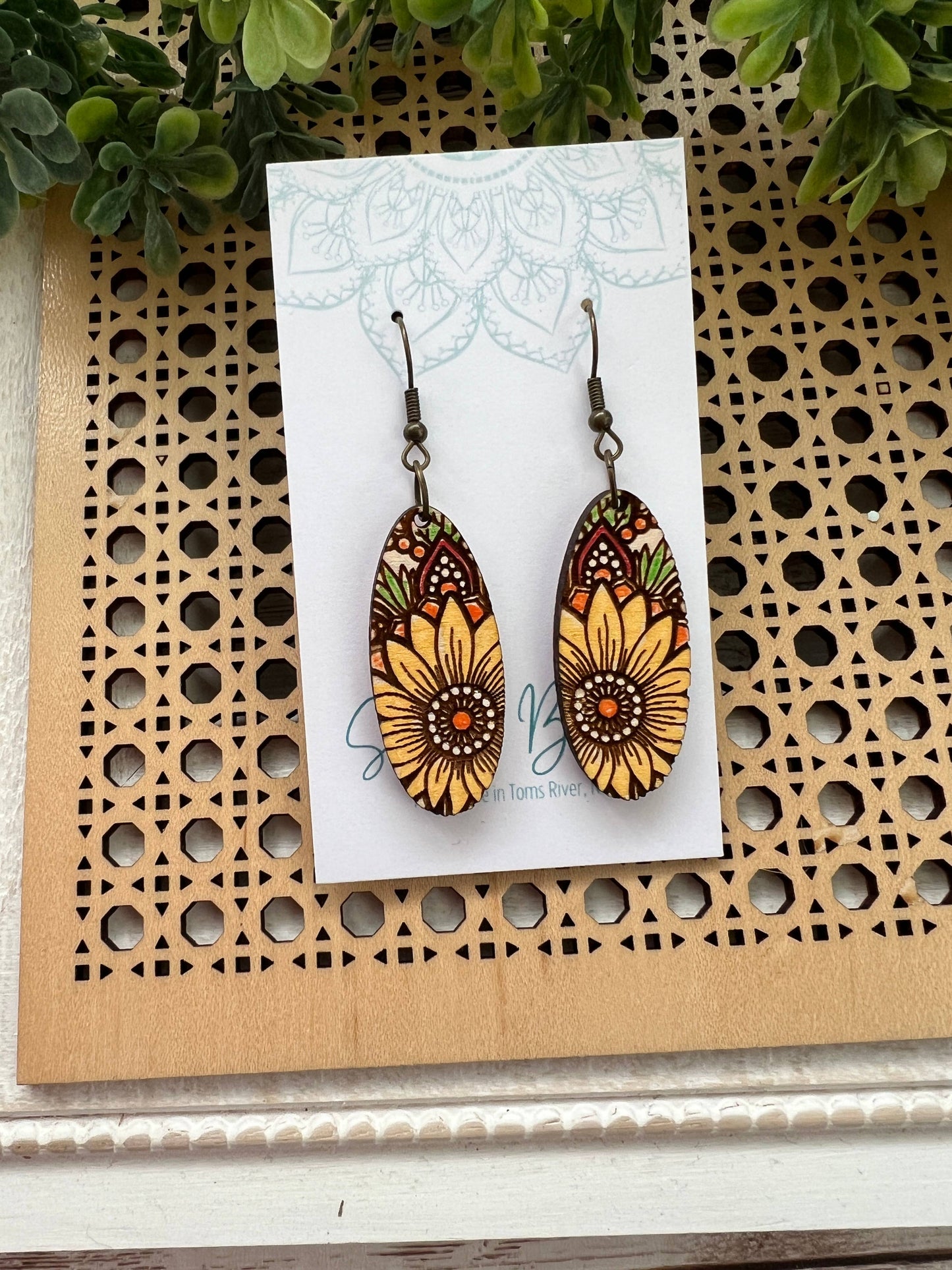 Sunflower Mandala Maple Wood Earrings