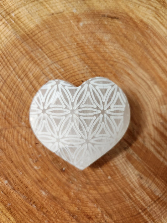 Etched Flower Of Life Heart Selenite Crystal