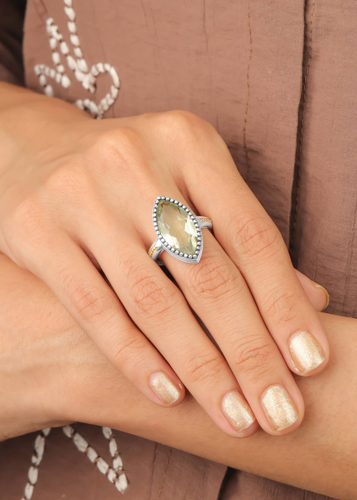 Green Amethyst Two-Tone Beaded Ring