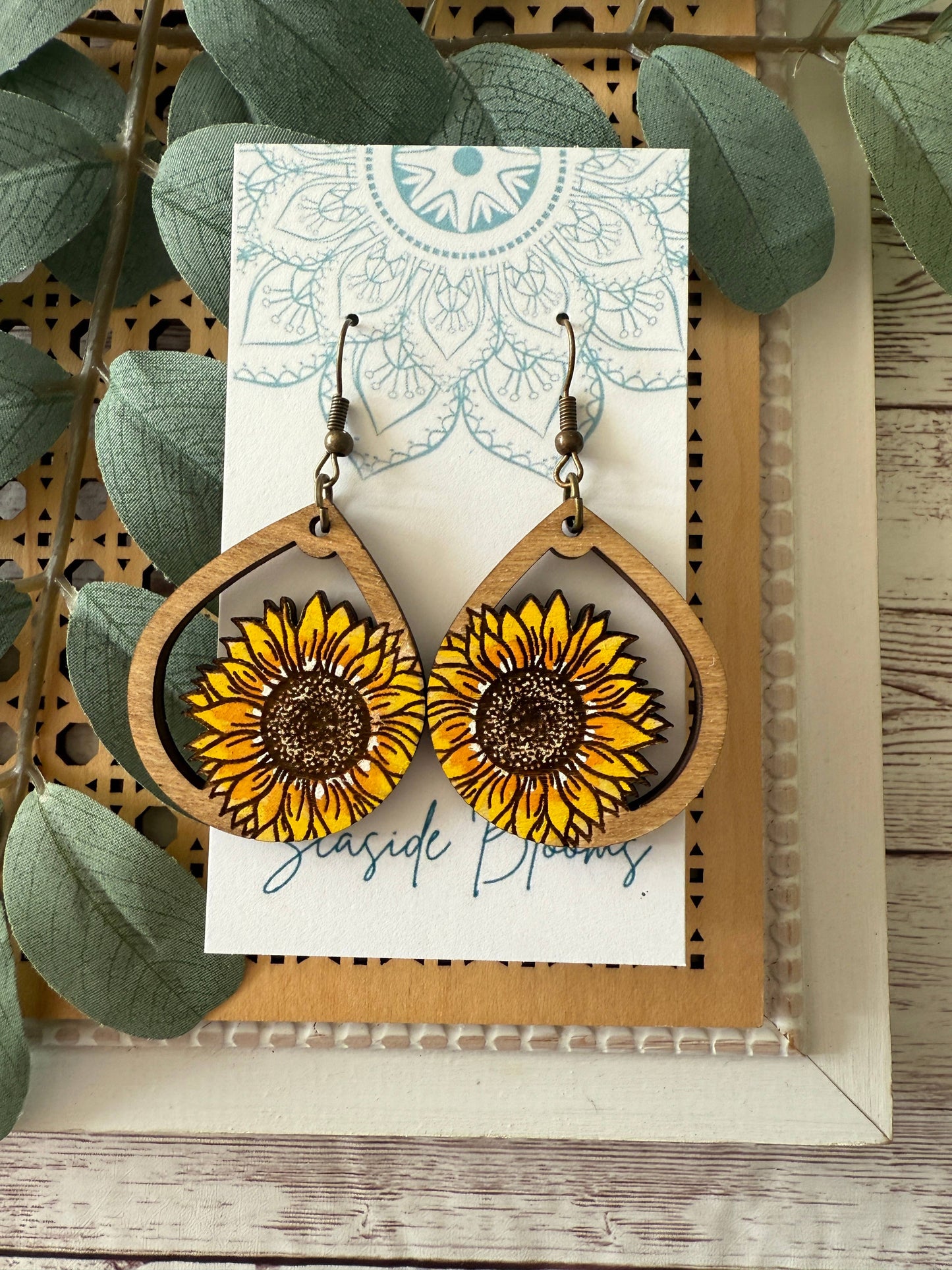 Maple Wood Sunflower Earrings
