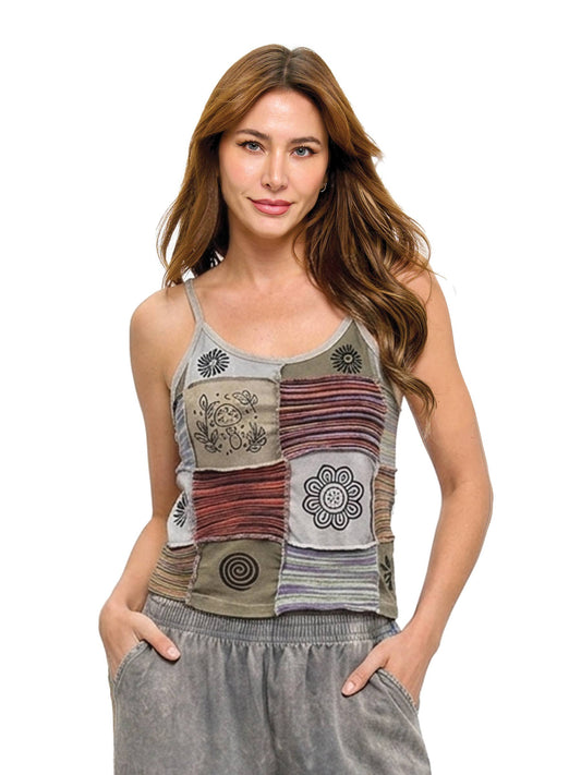 Boho Patchwork Ribbed Tank Top Art Painted