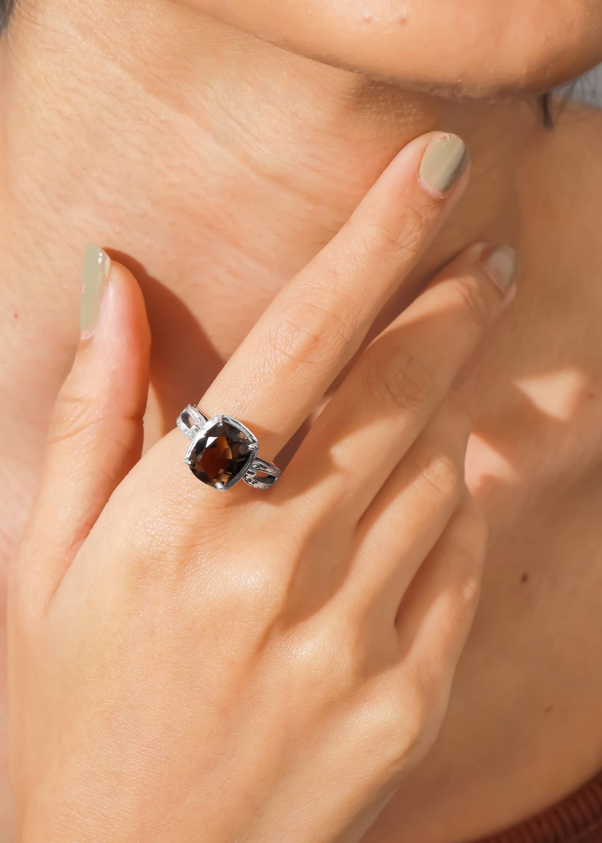 Shadow Flame Smoky Quartz Textured Ring