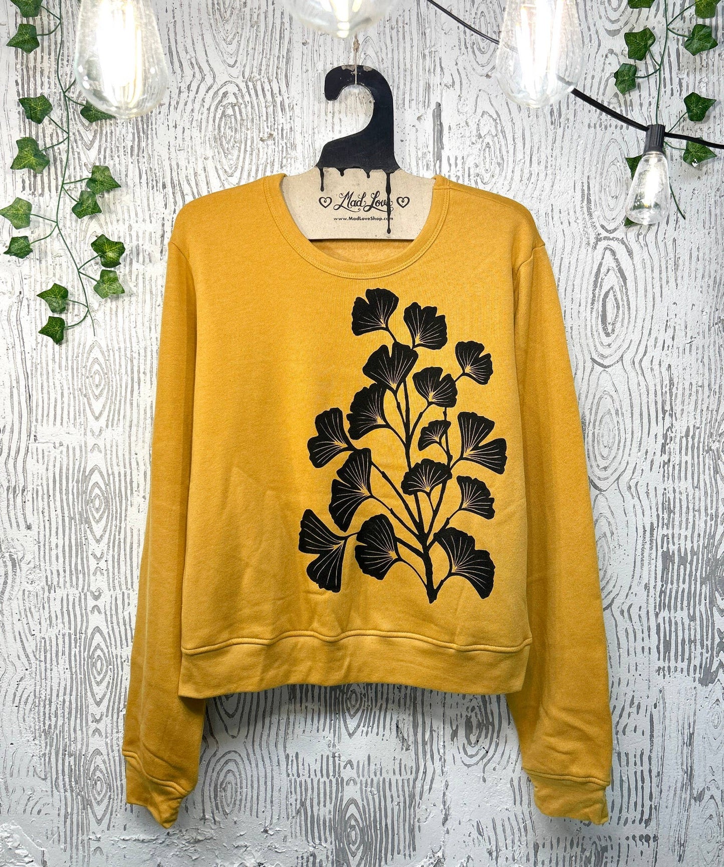 Mustard Midi Fleece Sweatshirt with Ginkgo Print