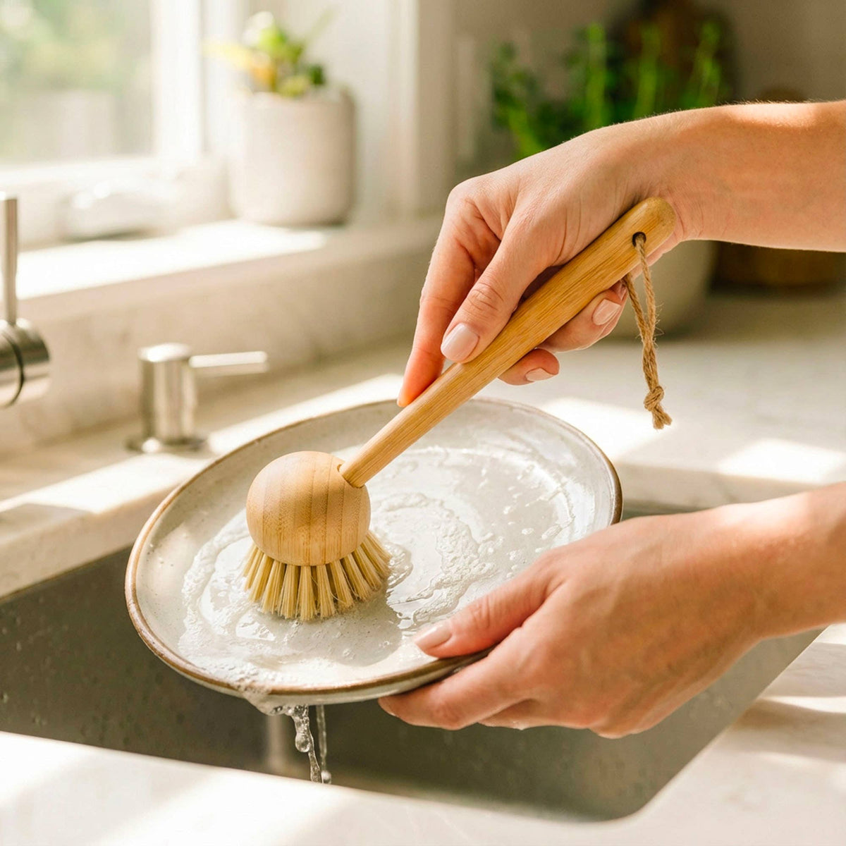 Bamboo Kitchen Dish Scrubber With Handle