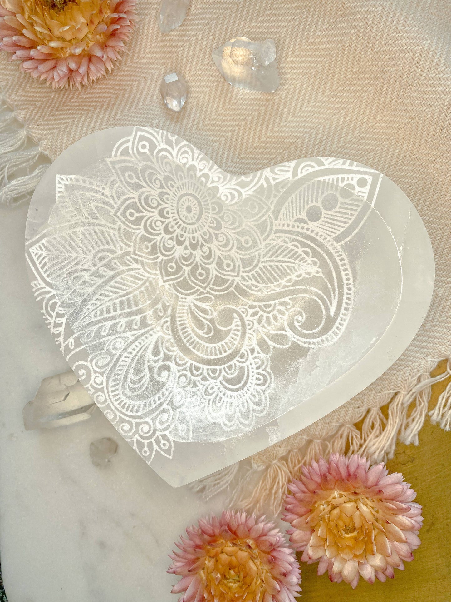 Henna Heart Selenite Crystal Dish Bowl
