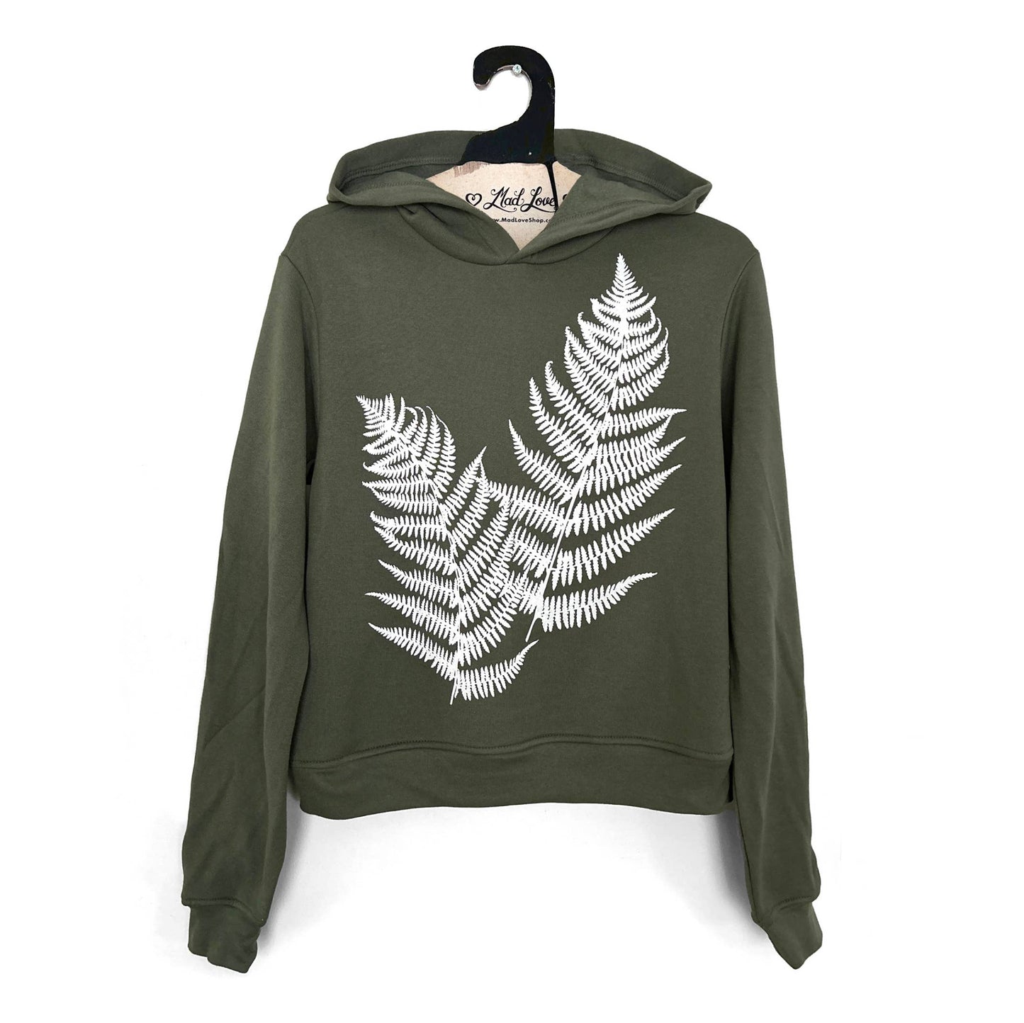 Midi Semi-Crop Olive Fleece Hoodie with Ferns