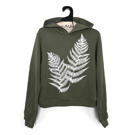 Midi Semi-Crop Olive Fleece Hoodie with Ferns