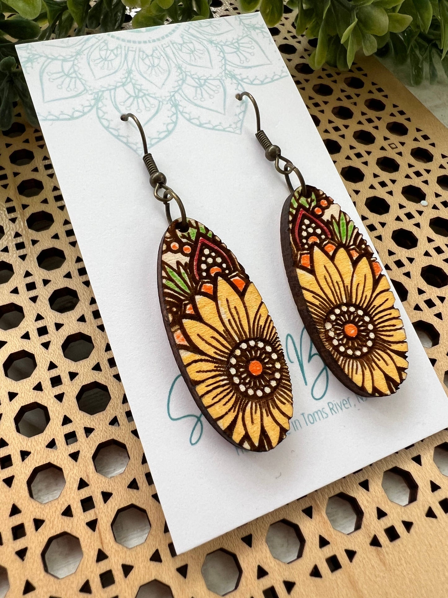 Sunflower Mandala Maple Wood Earrings