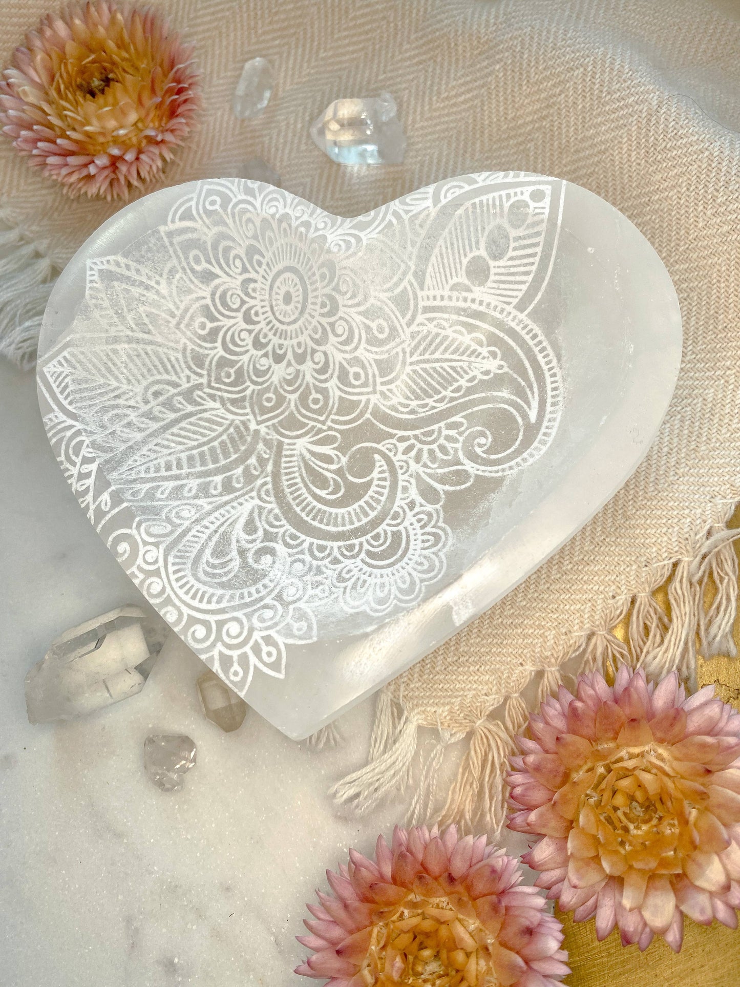 Henna Heart Selenite Crystal Dish Bowl