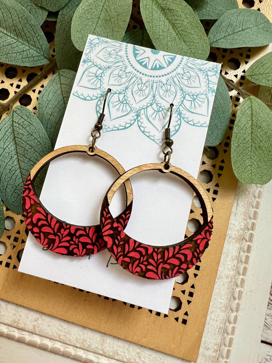Wood Red Hoop Earrings