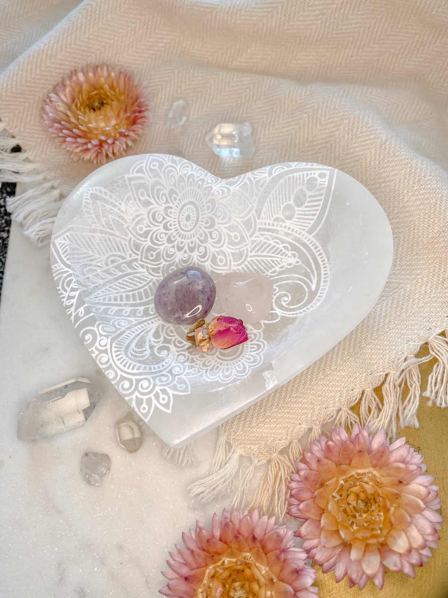 Henna Heart Selenite Crystal Dish Bowl