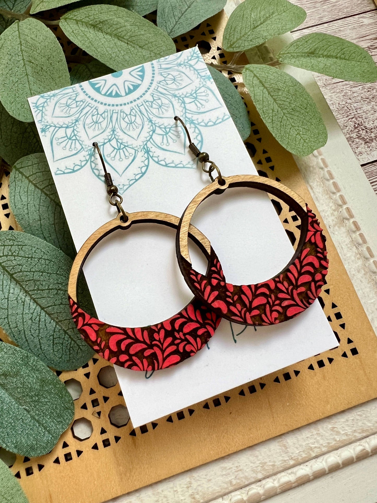 Wood Red Hoop Earrings