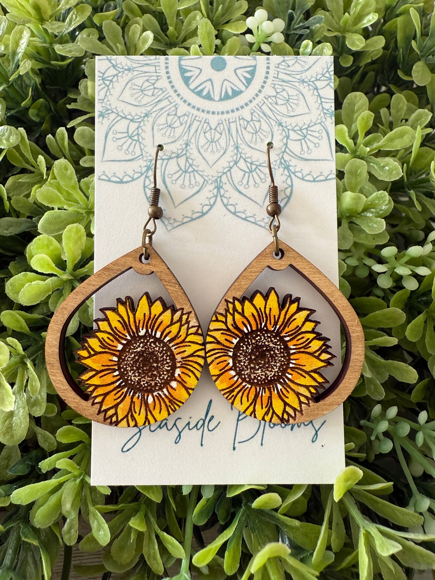 Maple Wood Sunflower Earrings