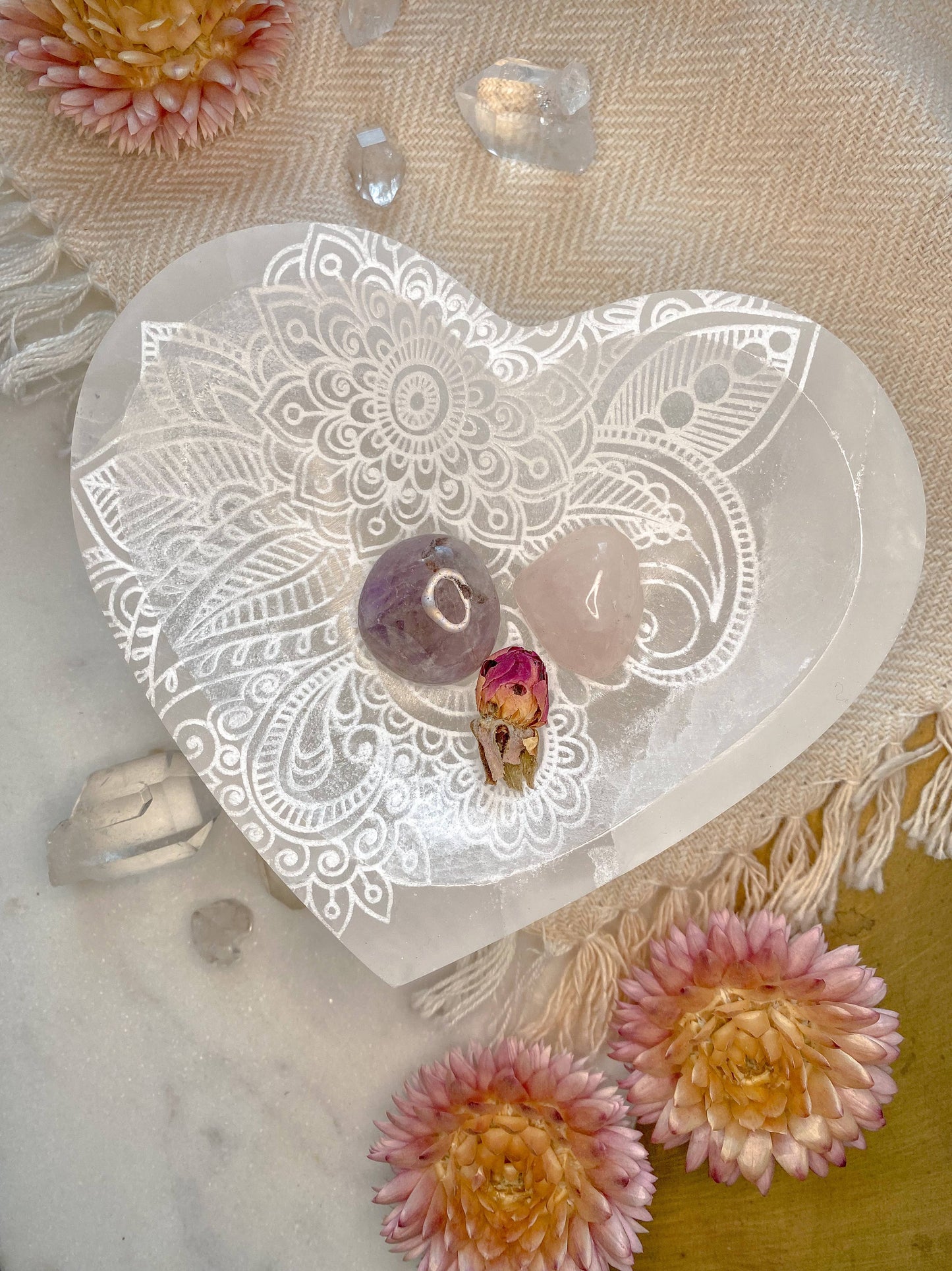 Henna Heart Selenite Crystal Dish Bowl