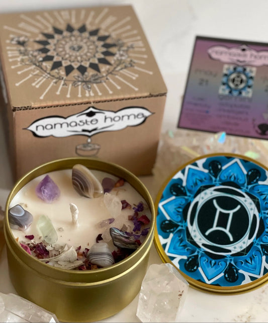 Gemini Crystal Candle, Zodiac Candle w/ Gemstones + Herbs