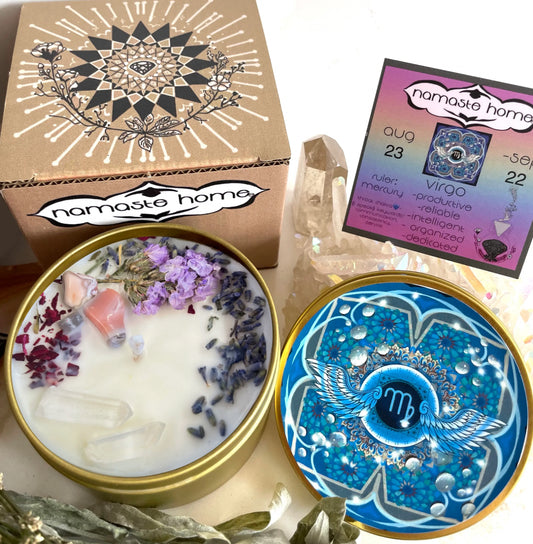 Virgo Crystal Candle, Zodiac Candle w/ Gemstones + Herbs