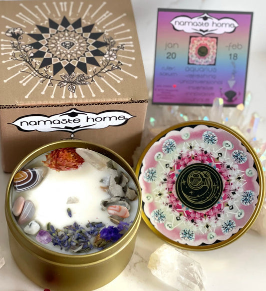 Aquarius Crystal Candle, Zodiac Candle w/ Gemstones + Herbs