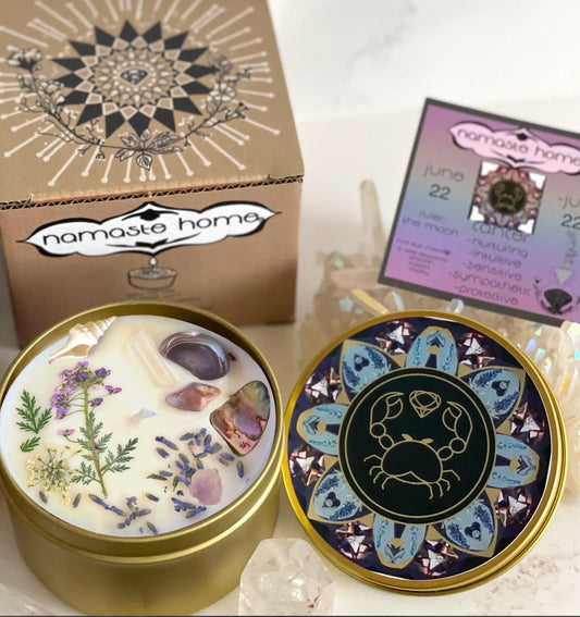 Cancer Crystal Candle, Zodiac Candle w/ Gemstones + Herbs