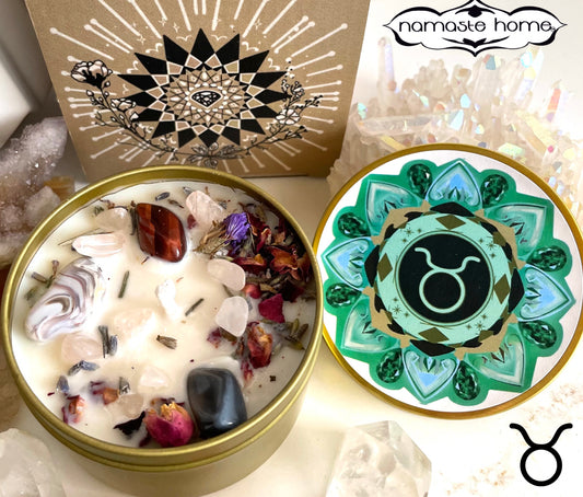 Taurus Crystal Candle, Zodiac Candle w/ Gemstones + Herbs