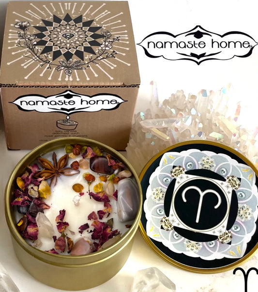 Aries Crystal Candle, Zodiac Candle w/ Gemstones + Herbs