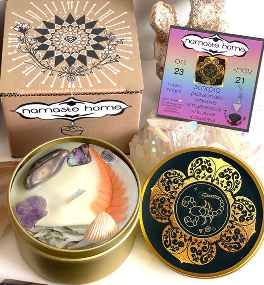 Scorpio Crystal Candle, Zodiac Candle w/ Gemstones + Herbs