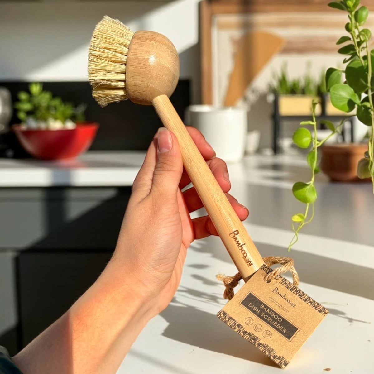 Bamboo Kitchen Dish Scrubber With Handle