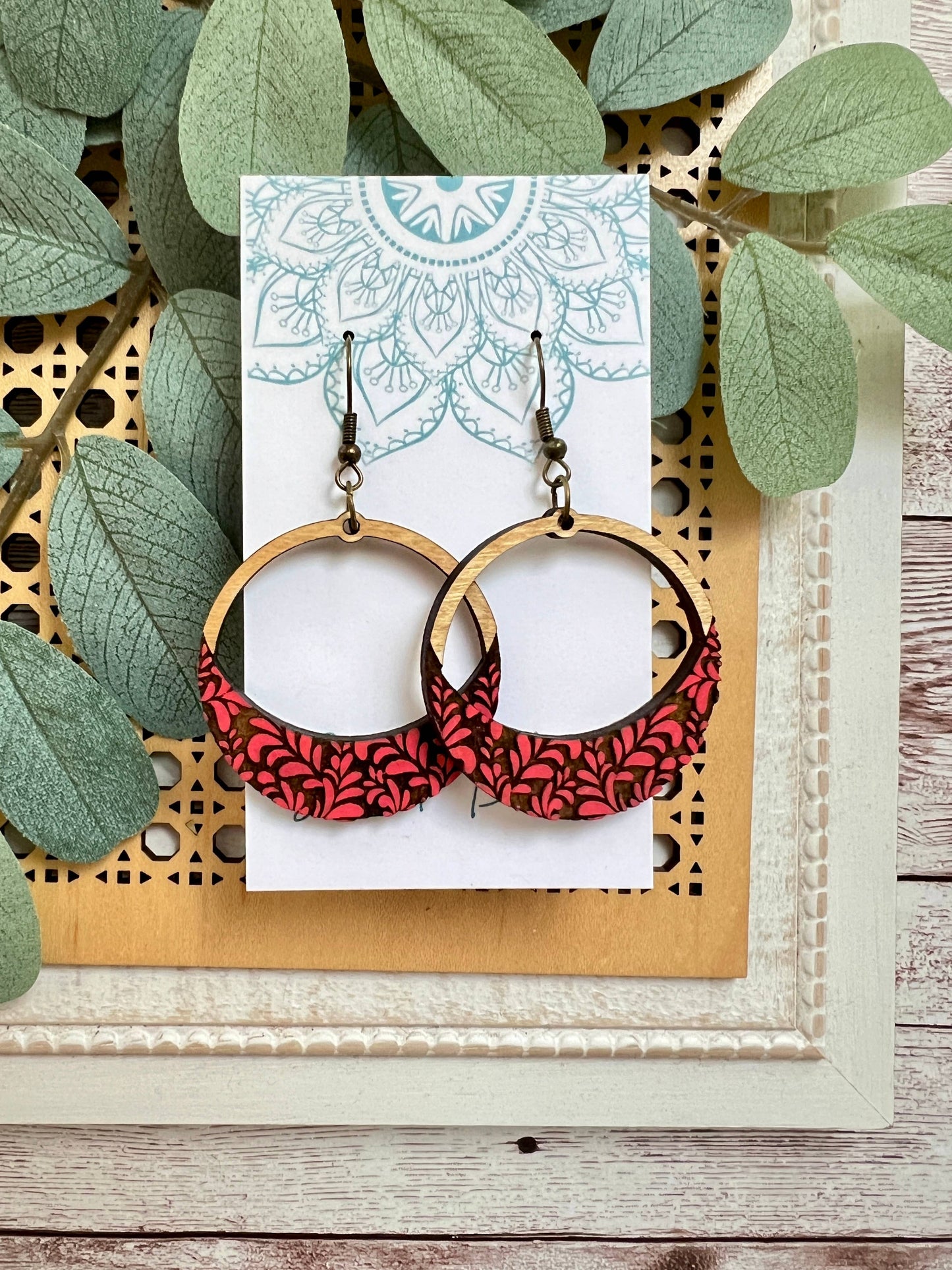 Wood Red Hoop Earrings