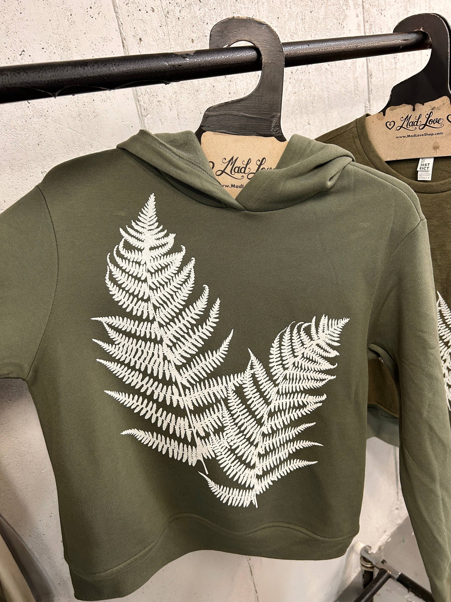 Midi Semi-Crop Olive Fleece Hoodie with Ferns