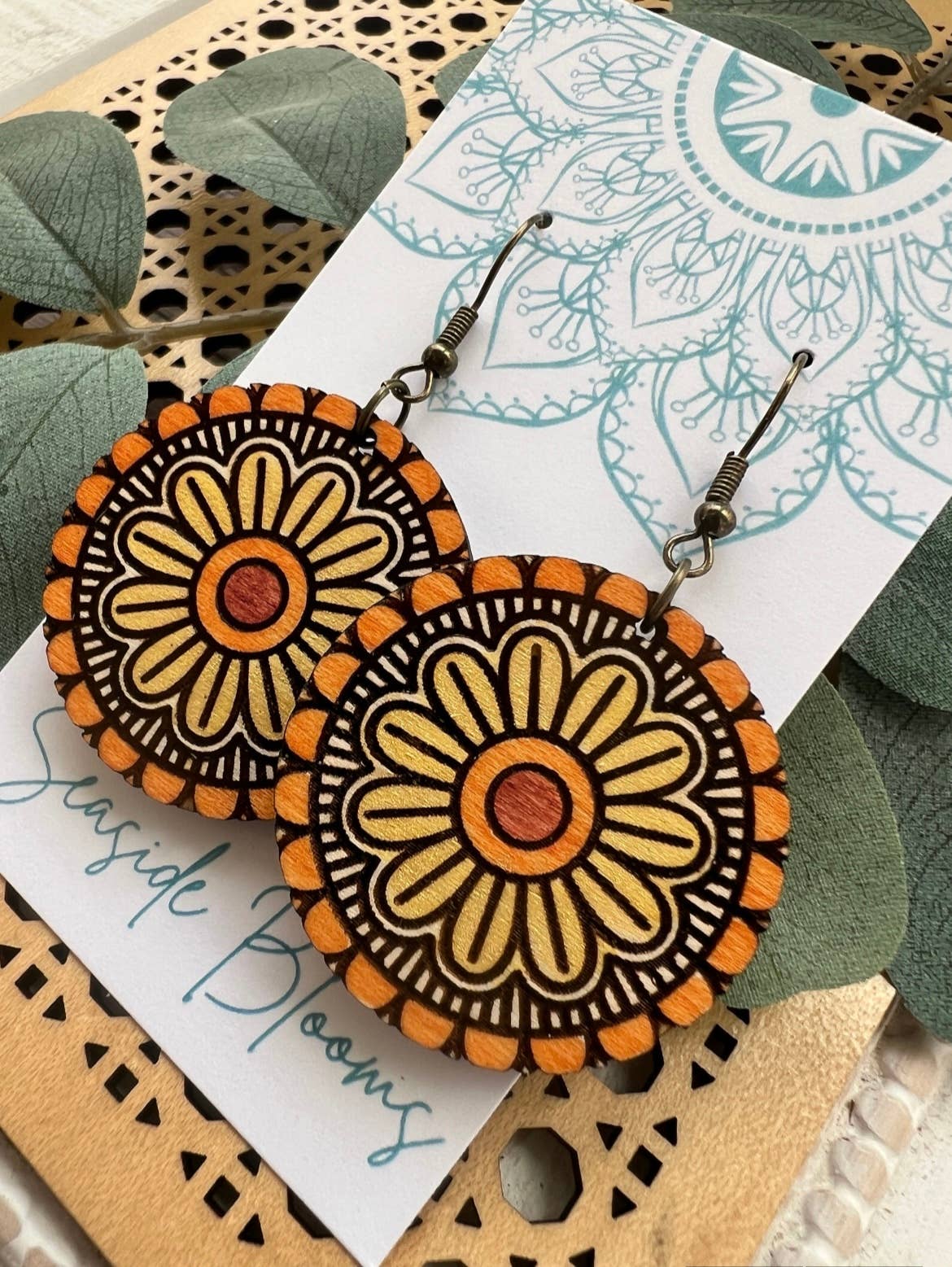 Maple Wood Earrings Yellow and Orange Flower