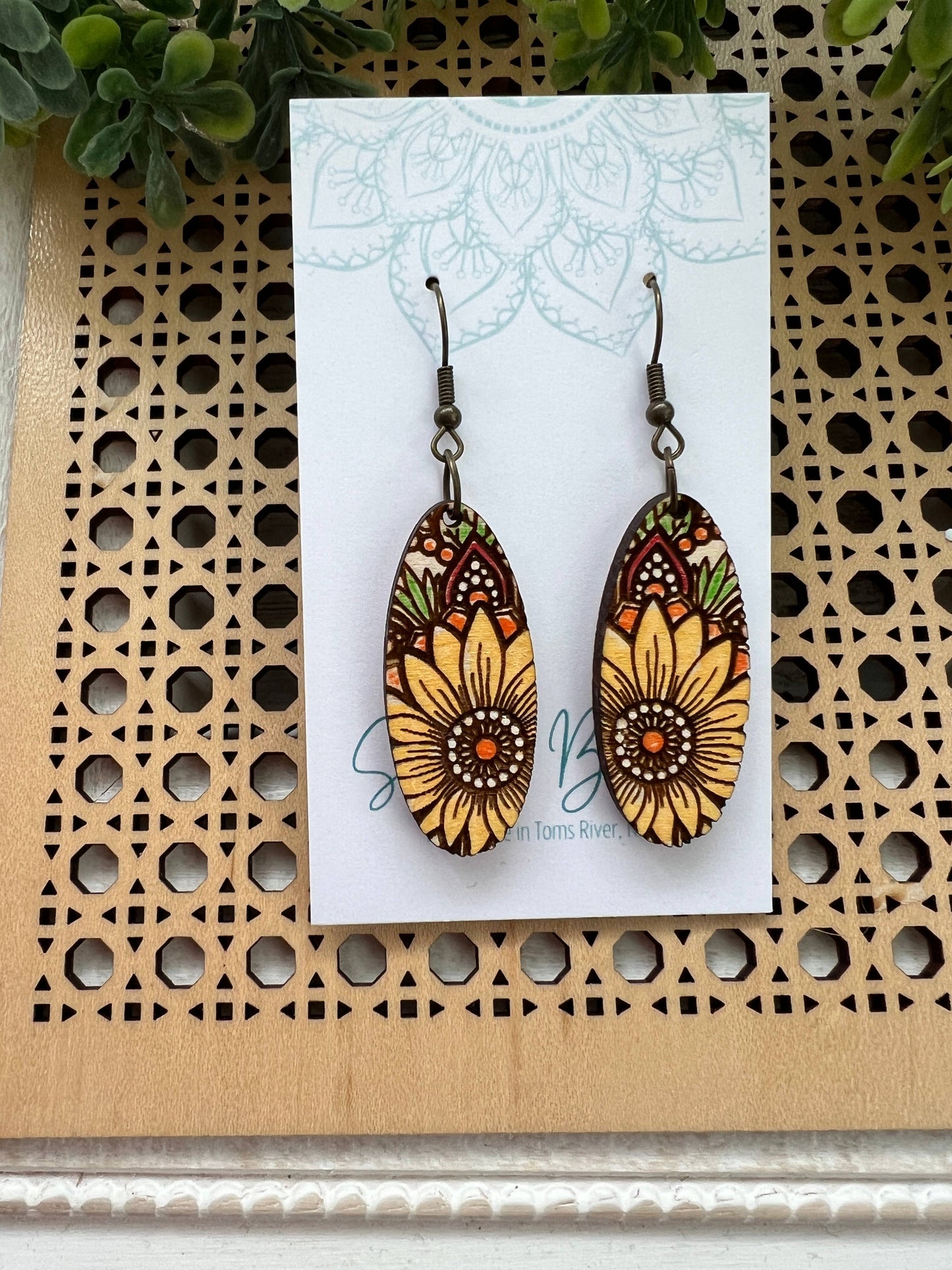 Sunflower Mandala Maple Wood Earrings
