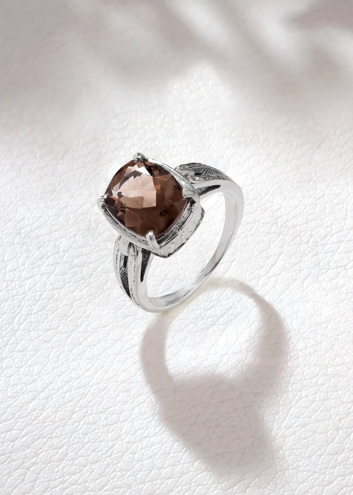 Shadow Flame Smoky Quartz Textured Ring