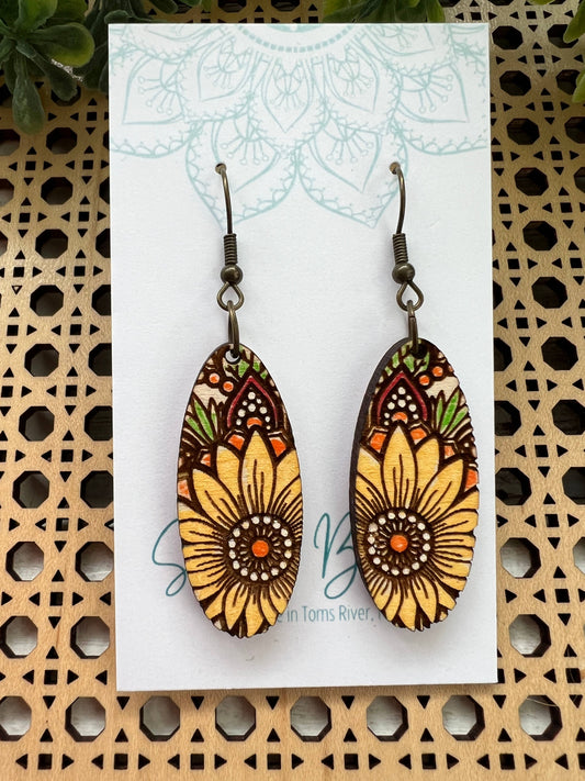 Sunflower Mandala Maple Wood Earrings