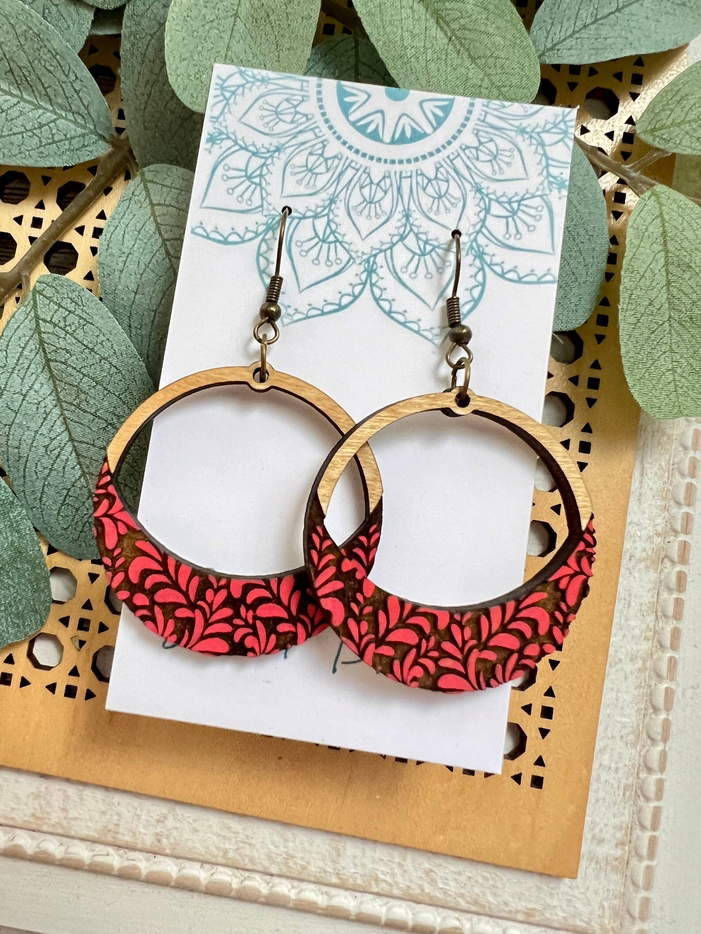 Wood Red Hoop Earrings