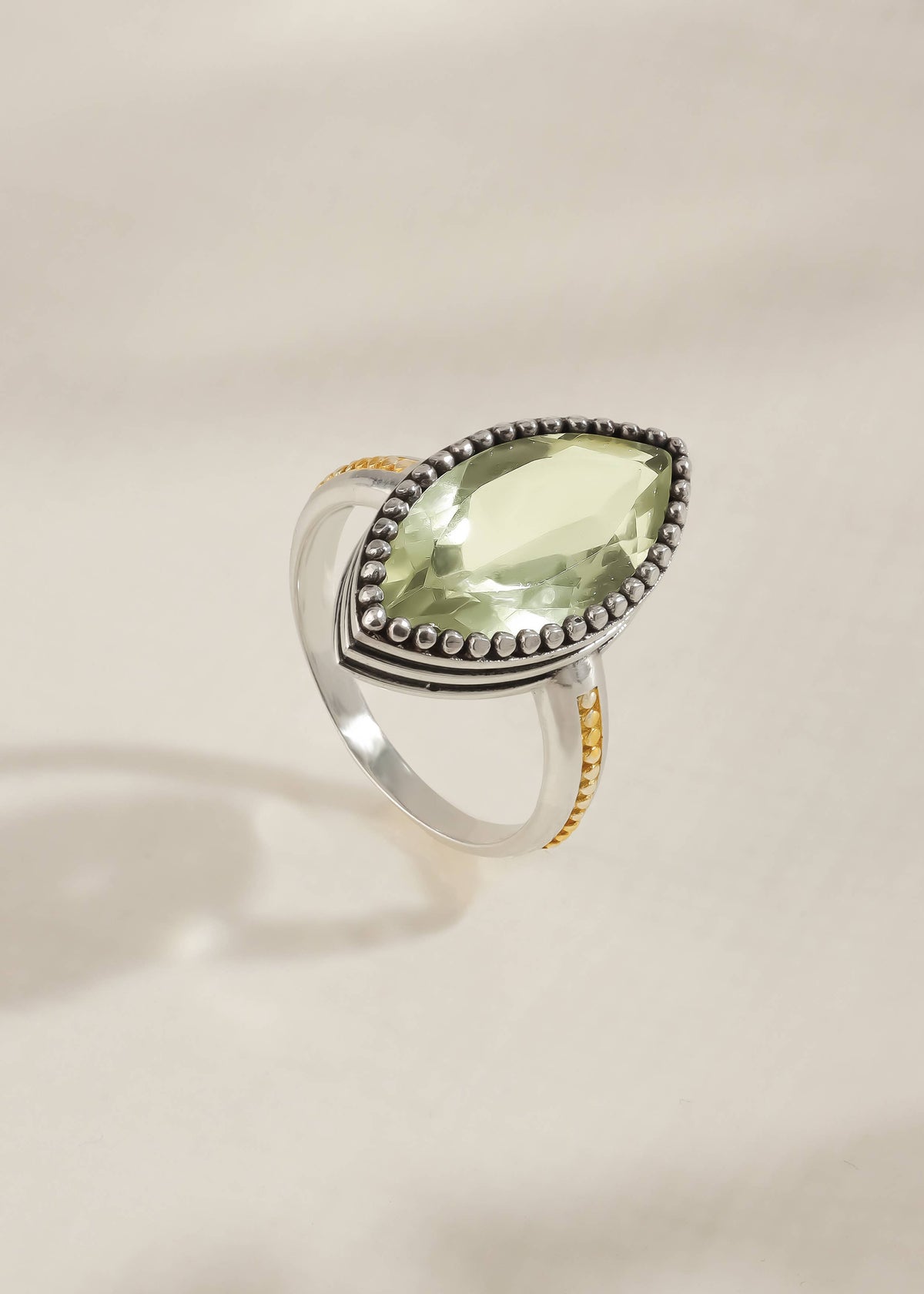 Green Amethyst Two-Tone Beaded Ring