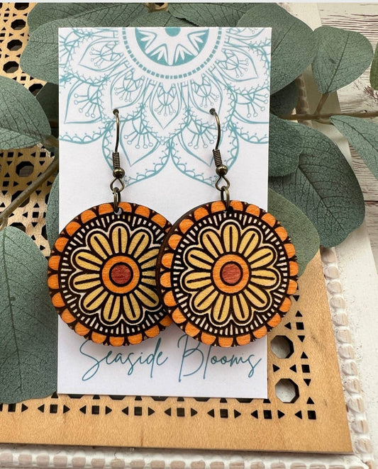 Maple Wood Earrings Yellow and Orange Flower