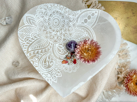 Henna Heart Selenite Crystal Dish Bowl